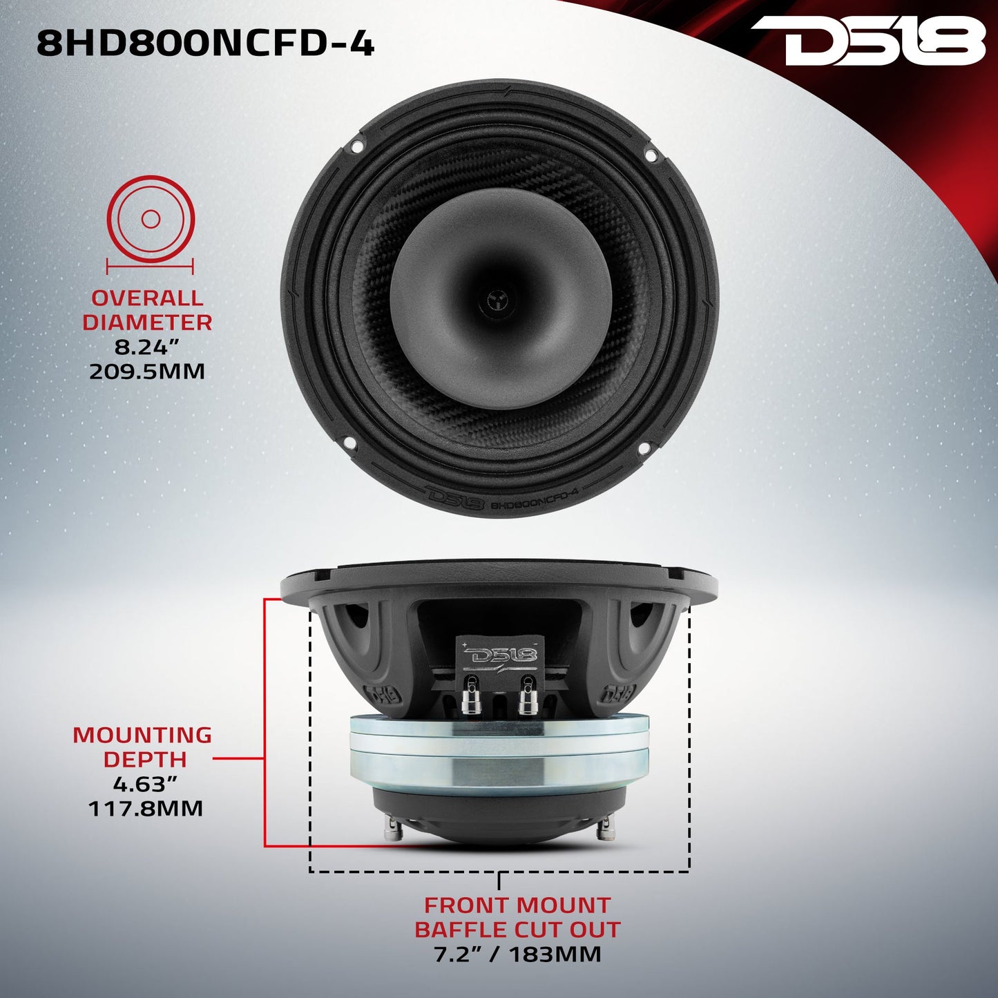 8" Neodymium Coaxial Hybrid Mid-Bass Water resistant Carbon Fiber Cone Loudspeaker with Built-in Driver 400 Watts Rms 4-Ohm