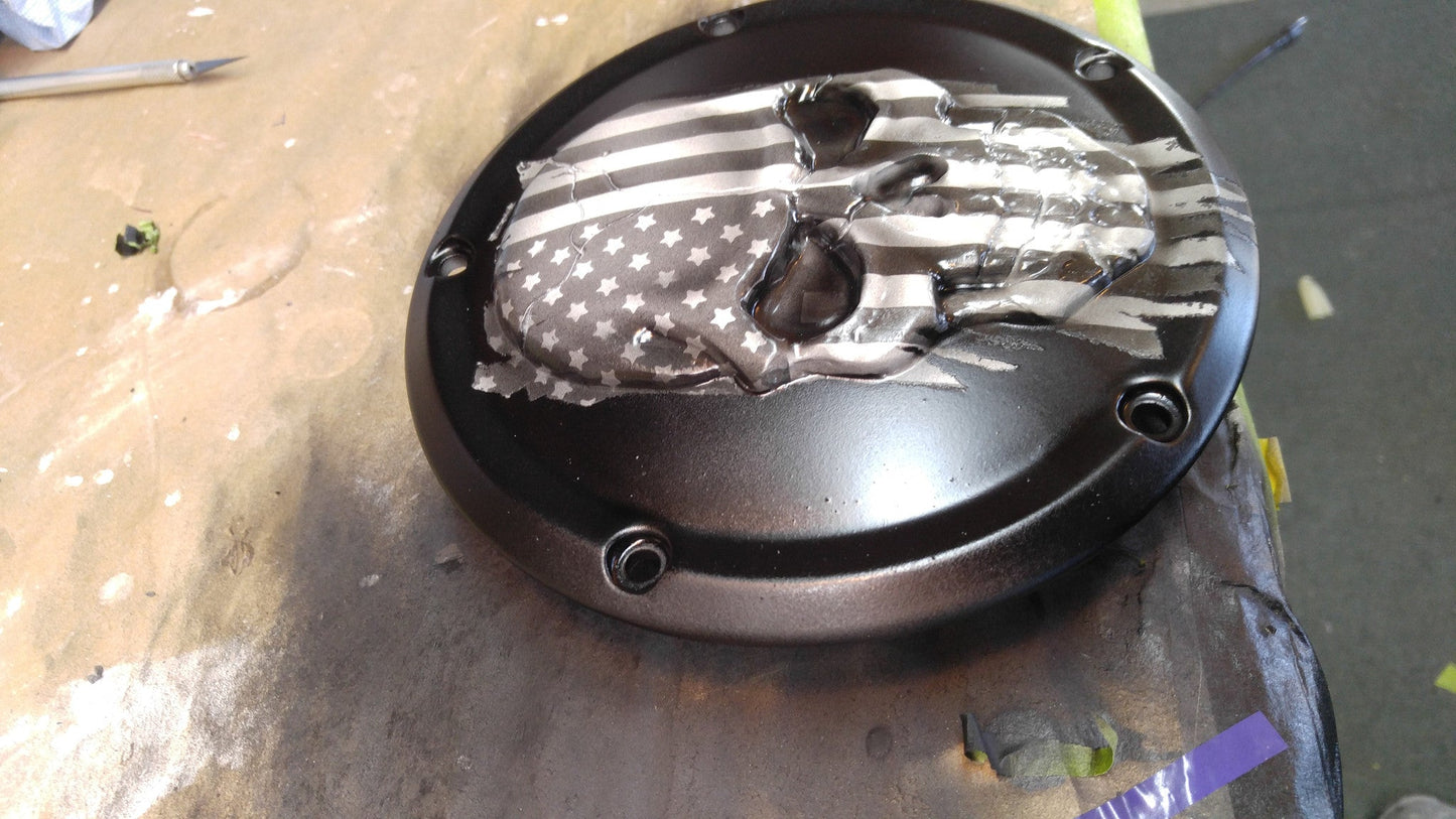 Harley Davidson American flag skull with Black and White theme and flat wrinkled black background