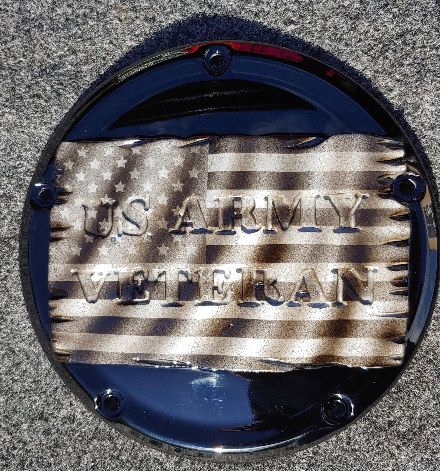 Tattered American Flag with US Army Veteran Harley derby cover
