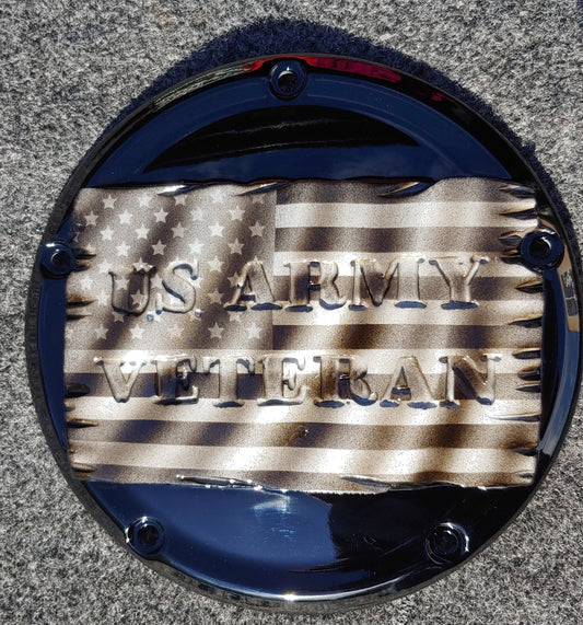Tattered American Flag with US Army Veteran Harley derby cover