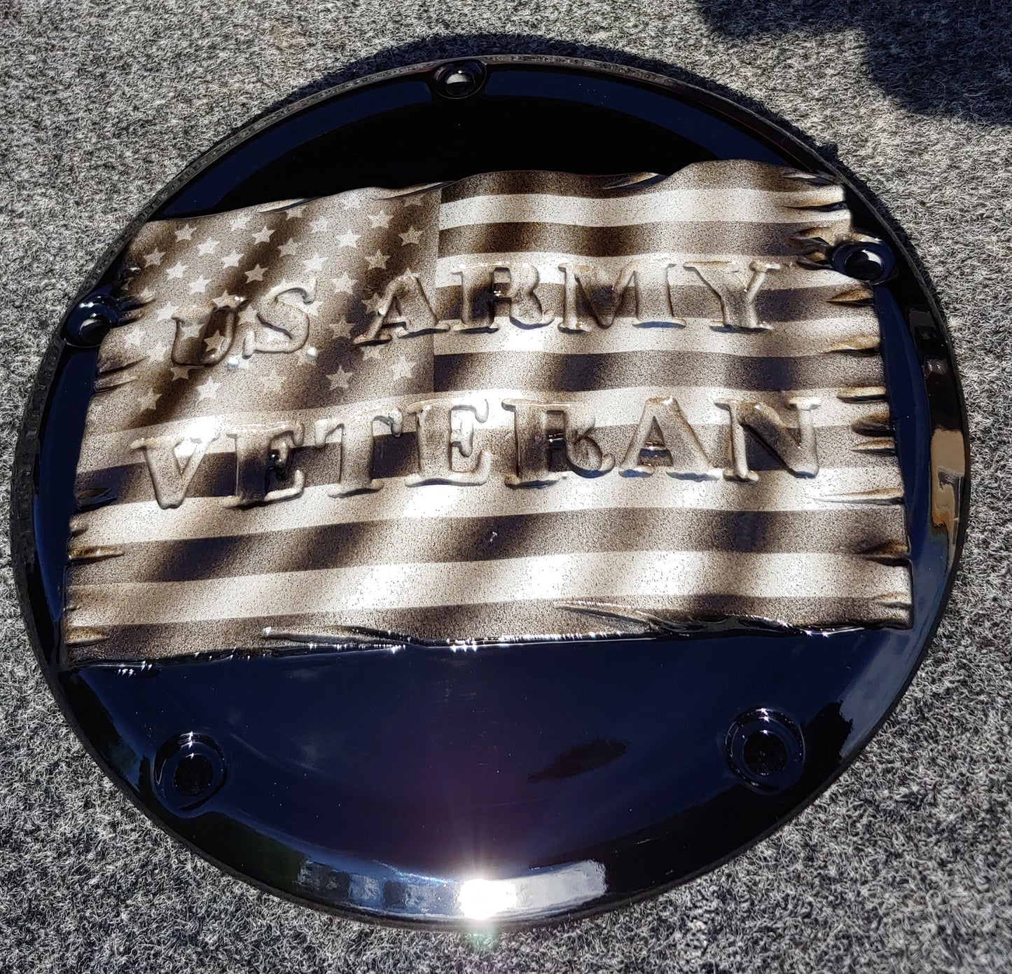Tattered American Flag with US Army Veteran Harley derby cover