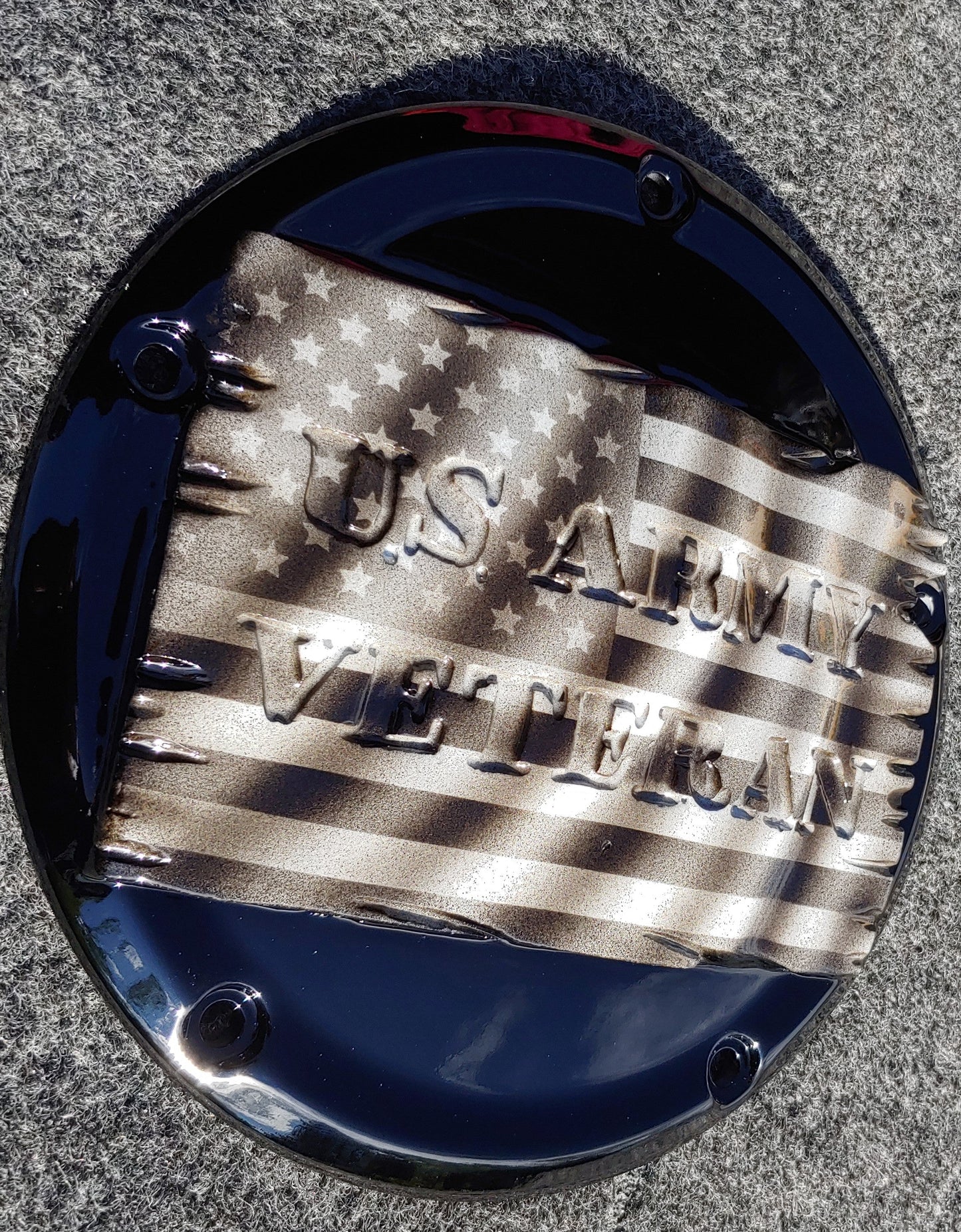 Tattered American Flag with US Army Veteran Harley derby cover