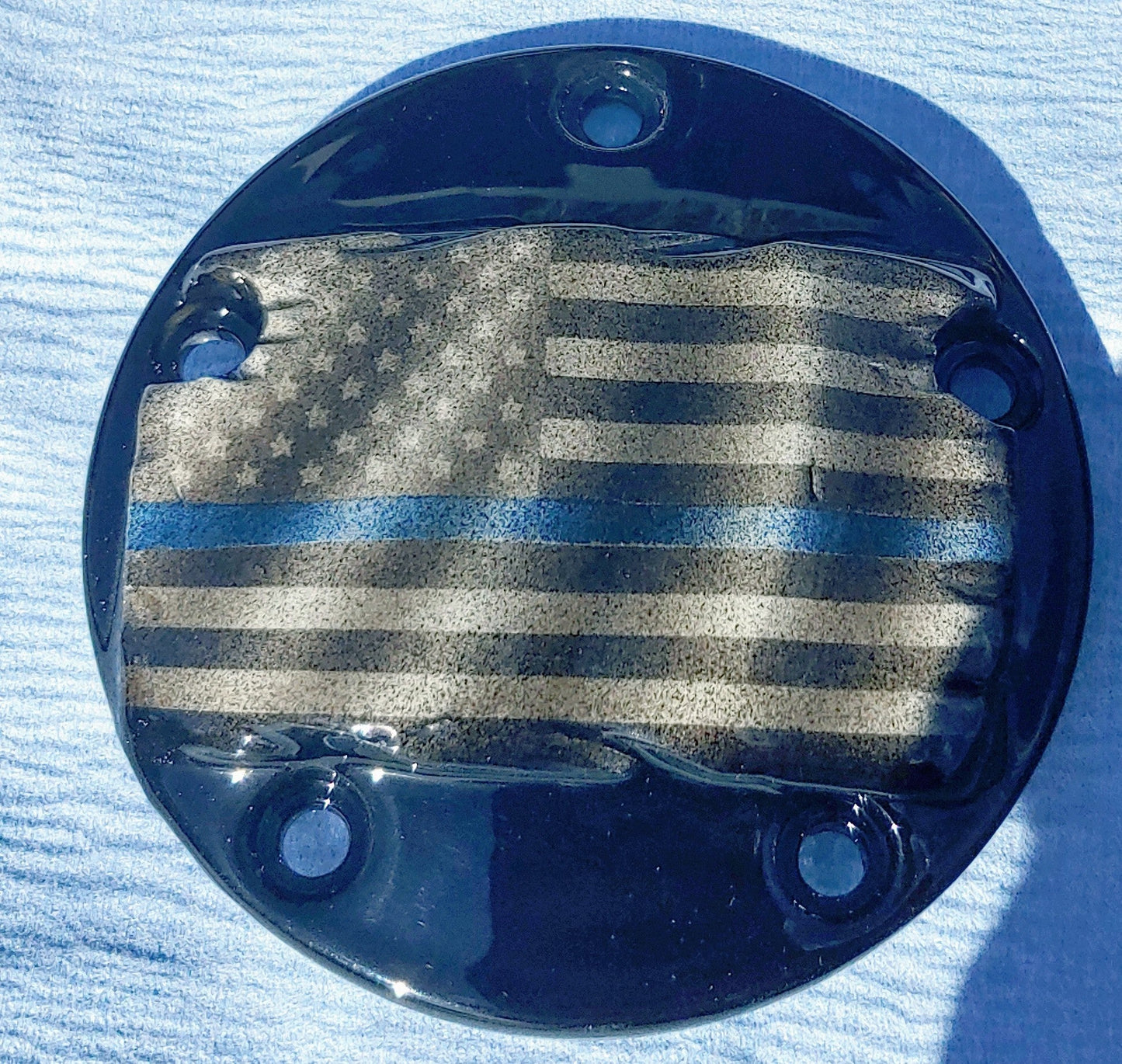Tattered Thin Blue Line American flag points cover