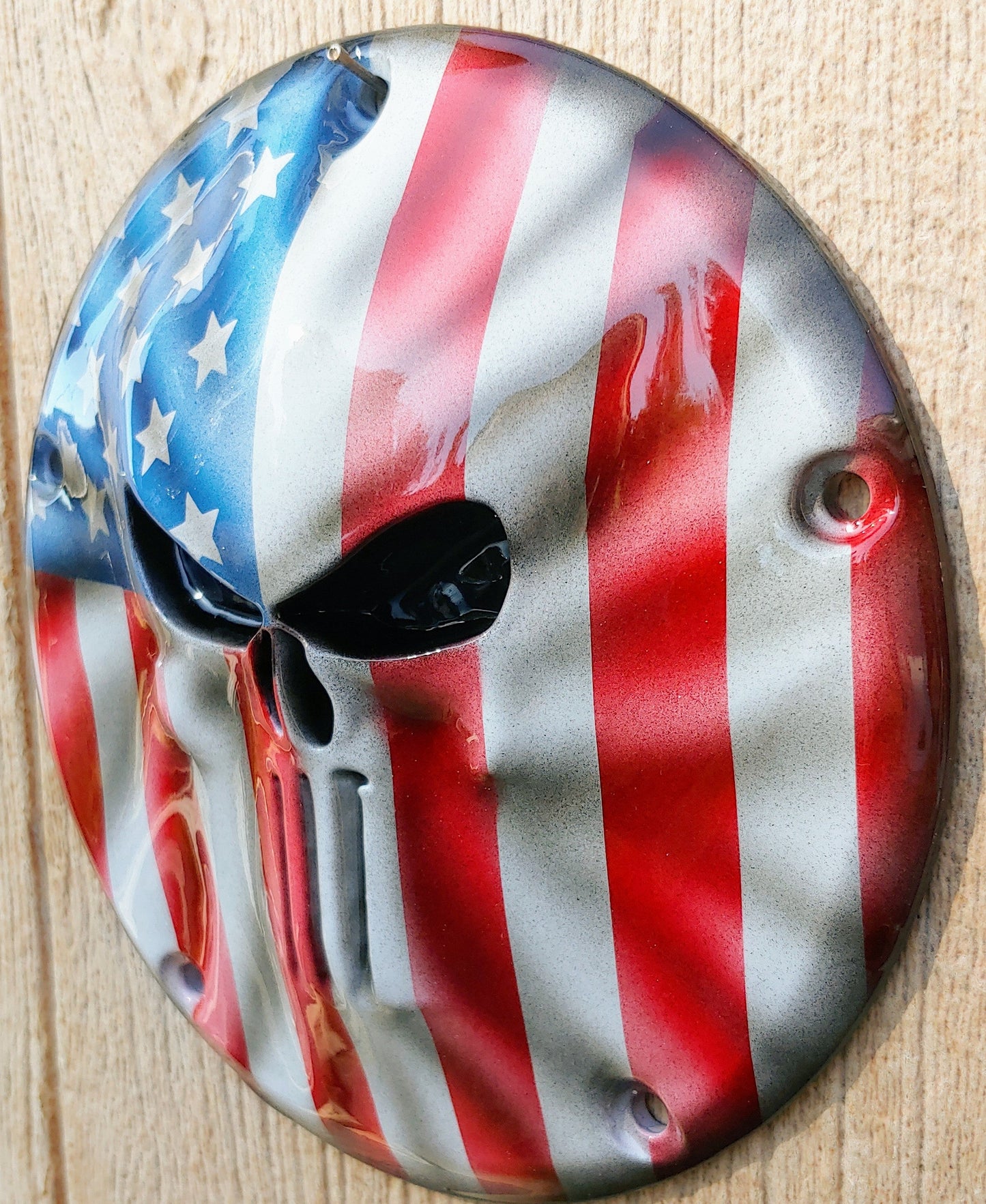 Punisher stretching through full color Flag Harley derby cover
