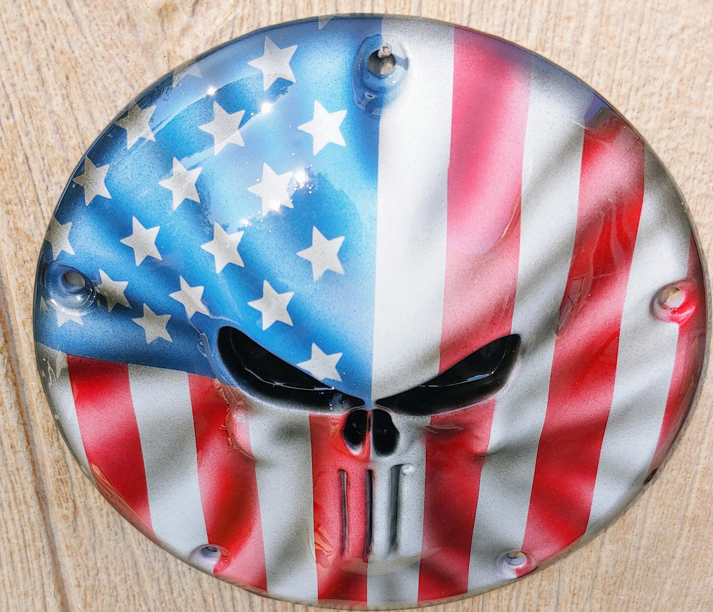 Punisher stretching through full color Flag Harley derby cover