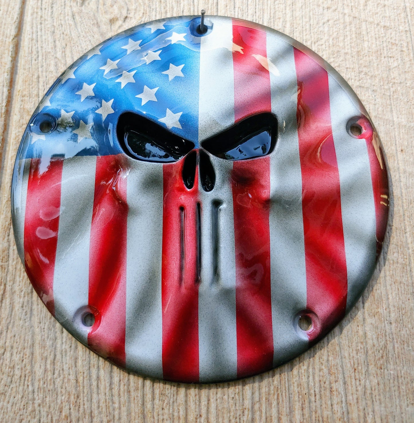 Punisher stretching through full color Flag Harley derby cover