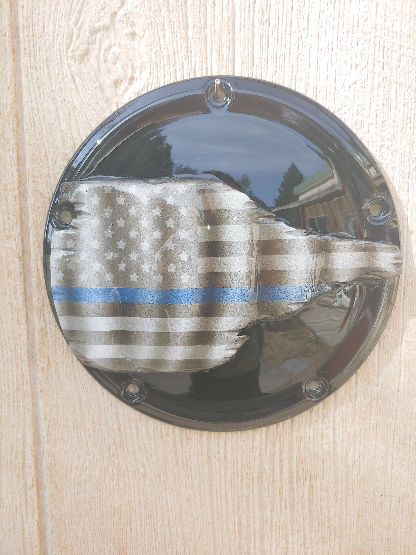 Tattered American Flag Thin Blue line theme Harley derby cover