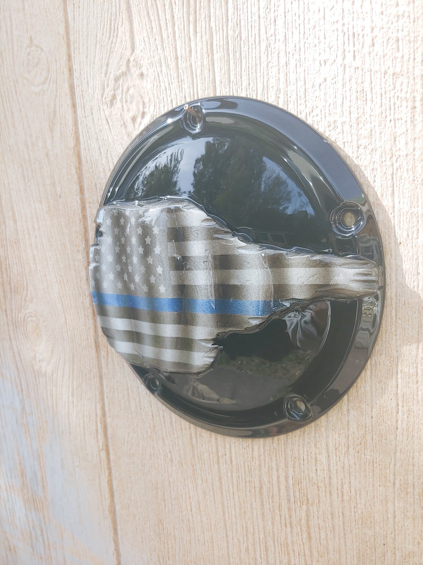 Tattered American Flag Thin Blue line theme Harley derby cover