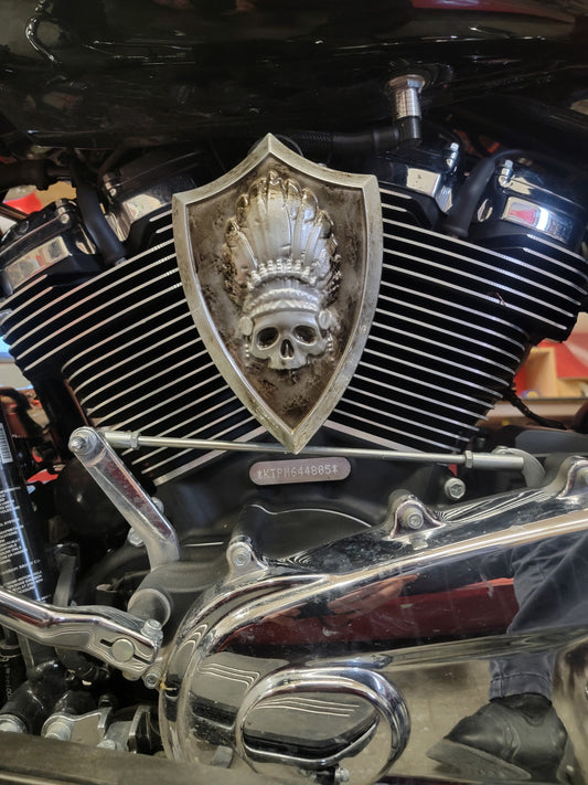 Side-mounted horn covers with skull warbonnet theme