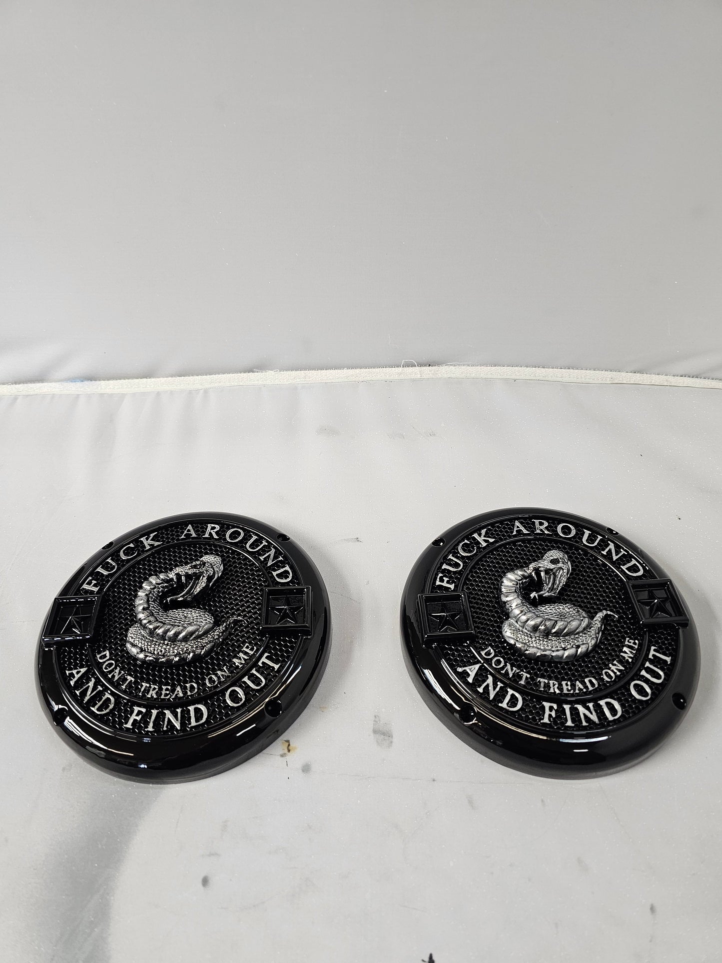 4 hole round 3D Don't Tread on Me speaker grill covers set