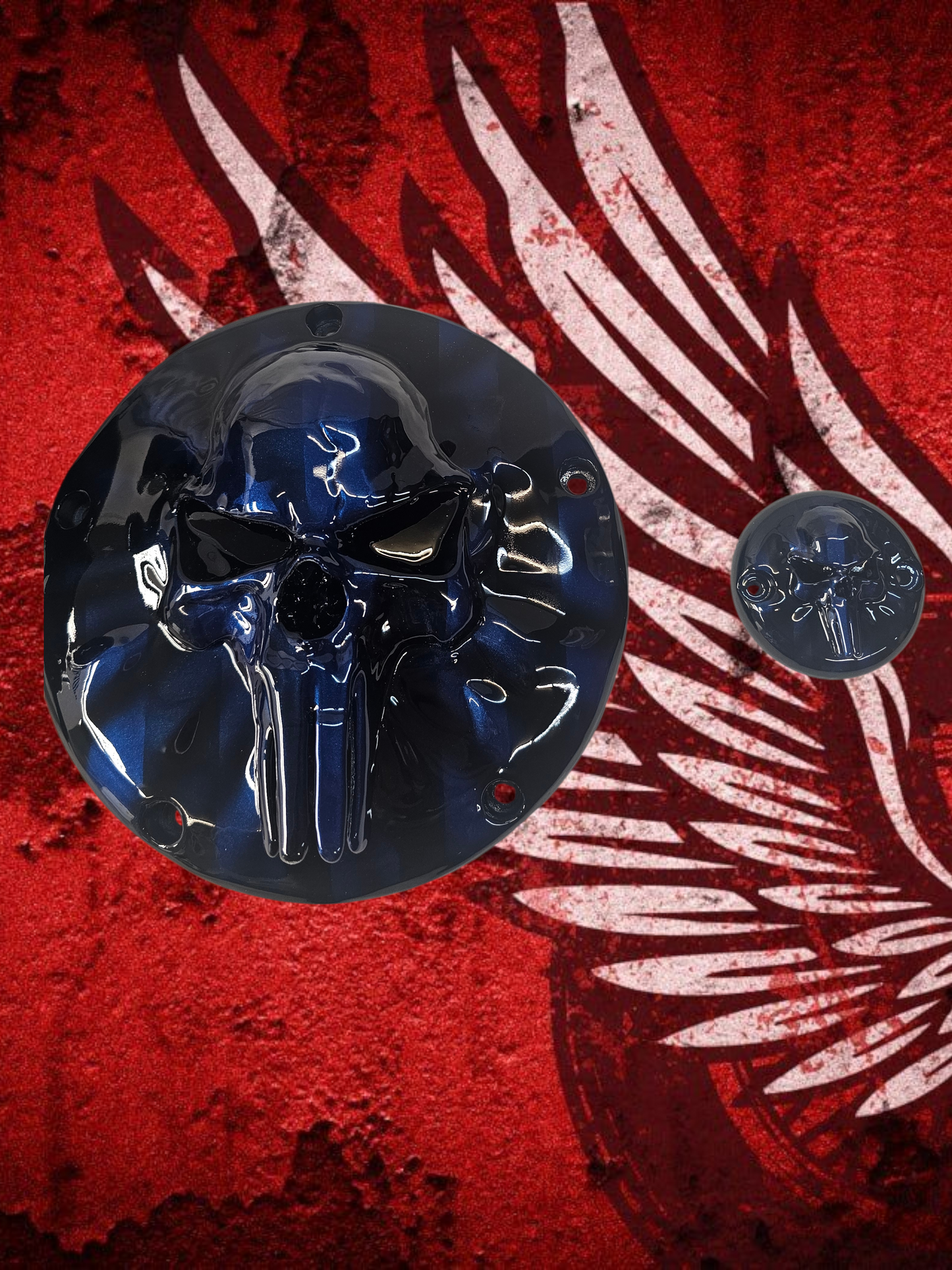 Punisher skull stretching through flag Harley derby and points cover