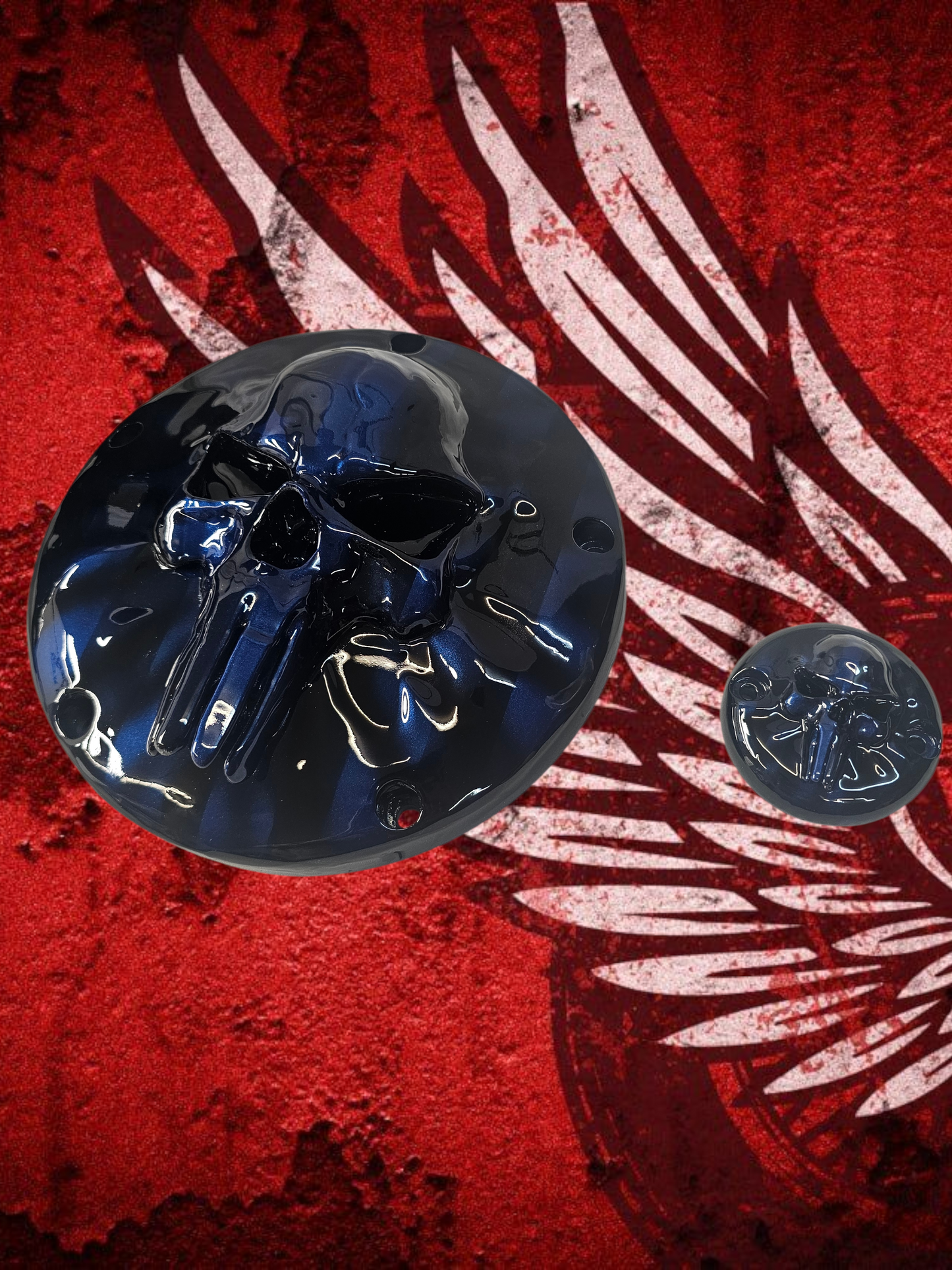 Punisher skull stretching through flag Harley derby and points cover