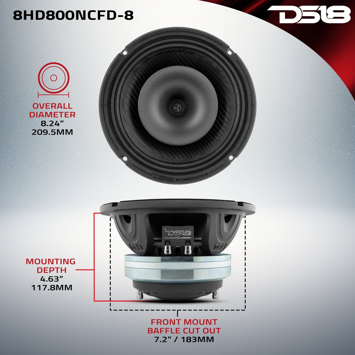 8" Neodymium Coaxial Hybrid Mid-Bass Water resistant Carbon Fiber Cone Loudspeaker with Built-in Driver  400 Watts Rms 8-Ohm