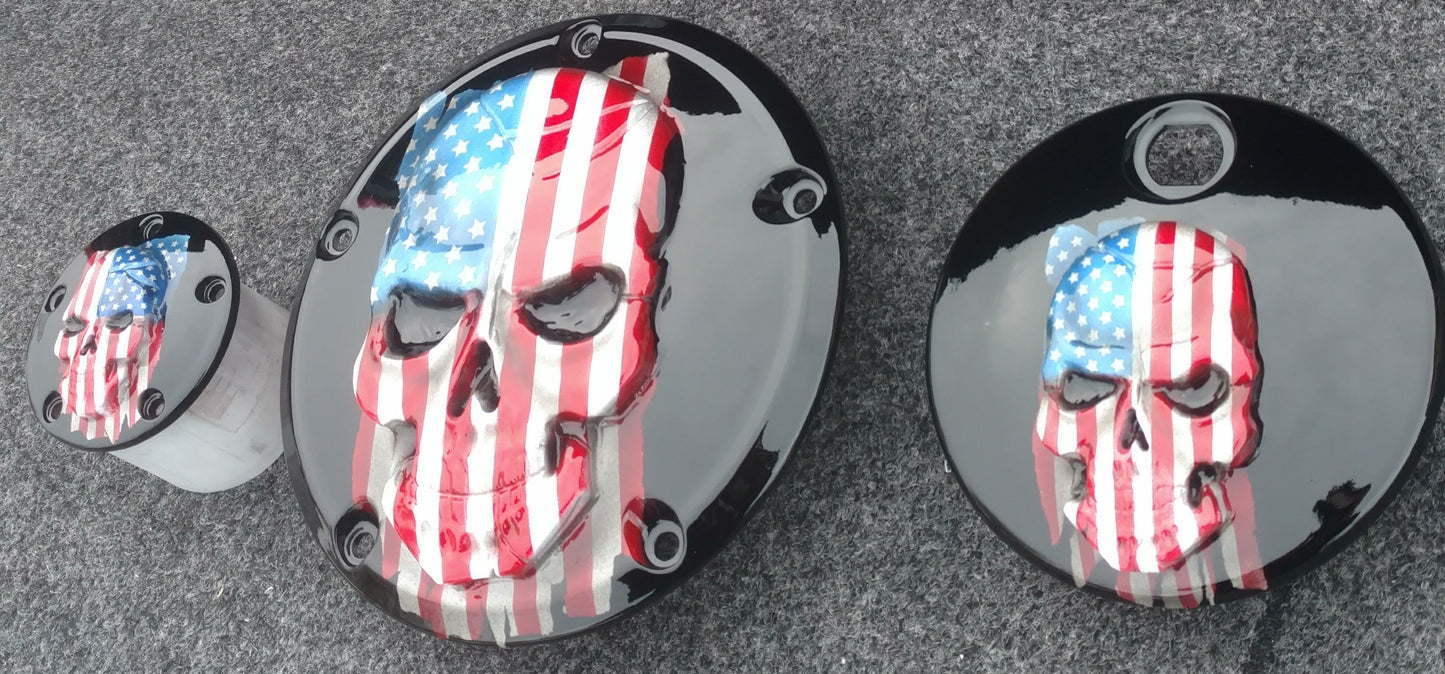 Harley Points, Derby cover and fuel door set with Skull with American flag gloss black background