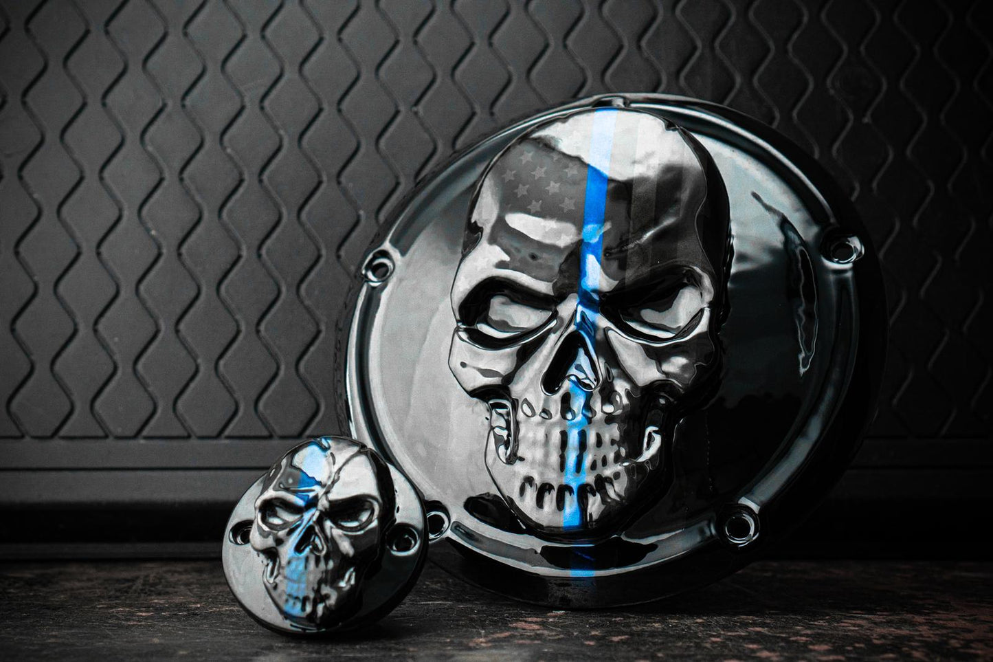 Points and Derby cover with Thin blue line ghosted American flag gloss black background