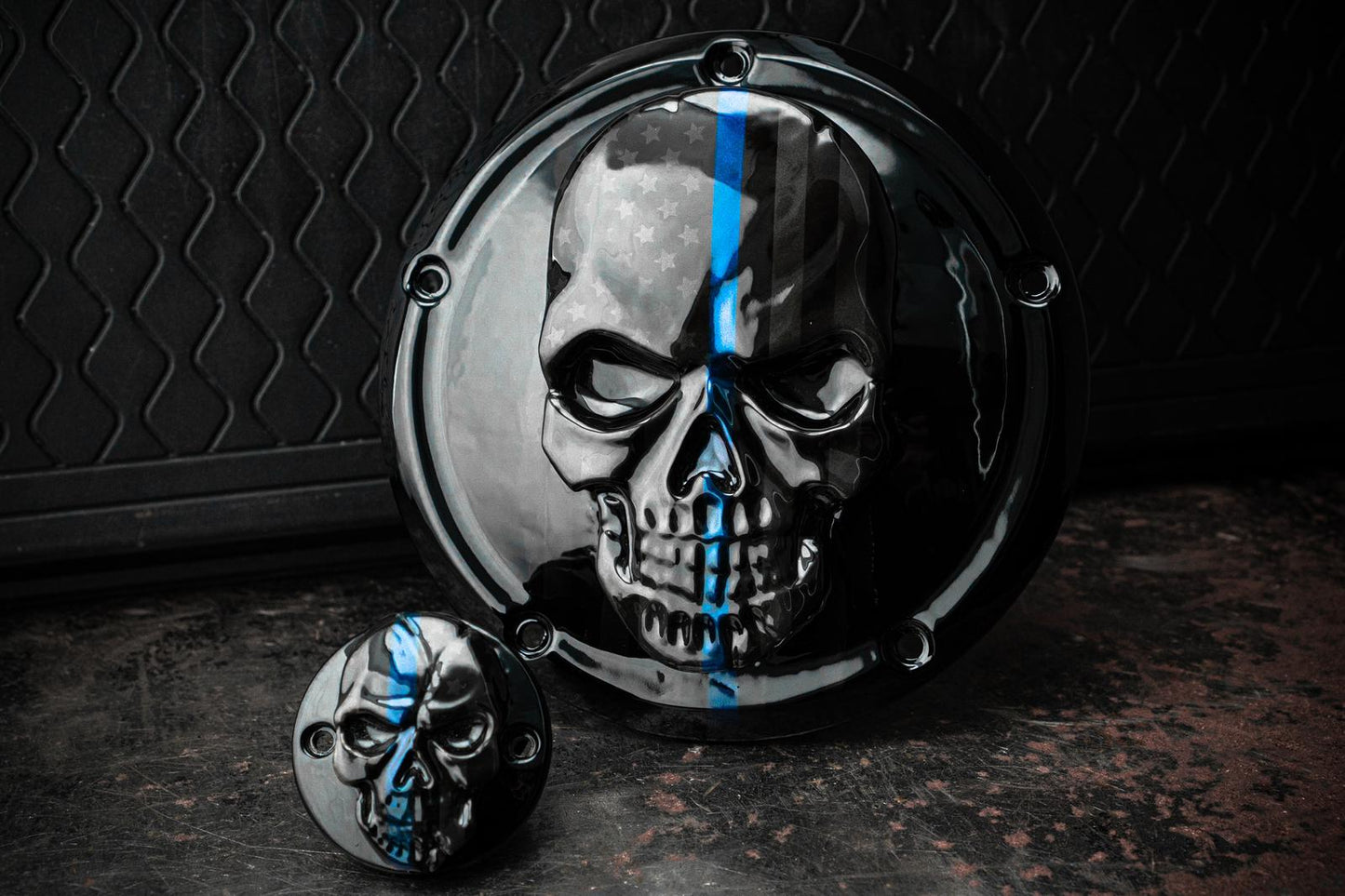 Points and Derby cover with Thin blue line ghosted American flag gloss black background