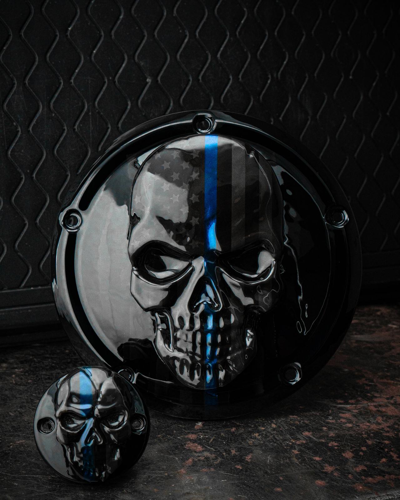 Points and Derby cover with Thin blue line ghosted American flag gloss black background