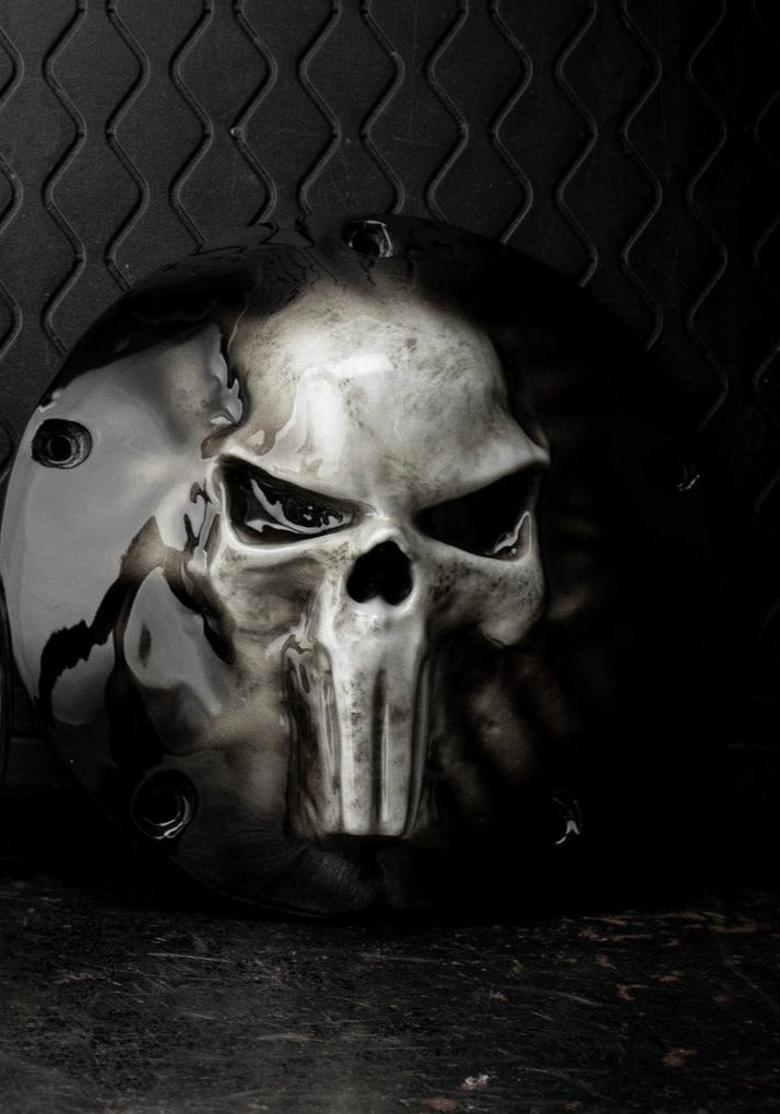 GHOSTED Punisher skull stretching through flag Harley derby and points cover