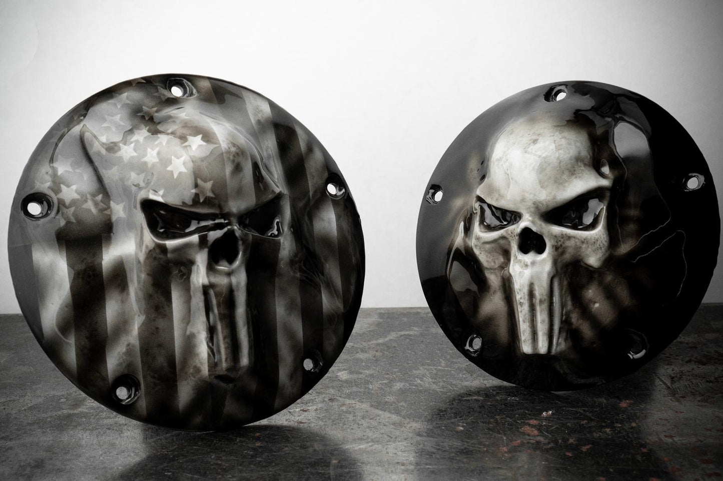 Punisher skull stretching through flag Harley derby cover
