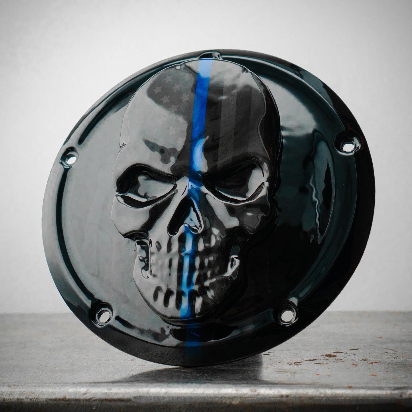 Points and Derby cover with Thin blue line ghosted American flag gloss black background