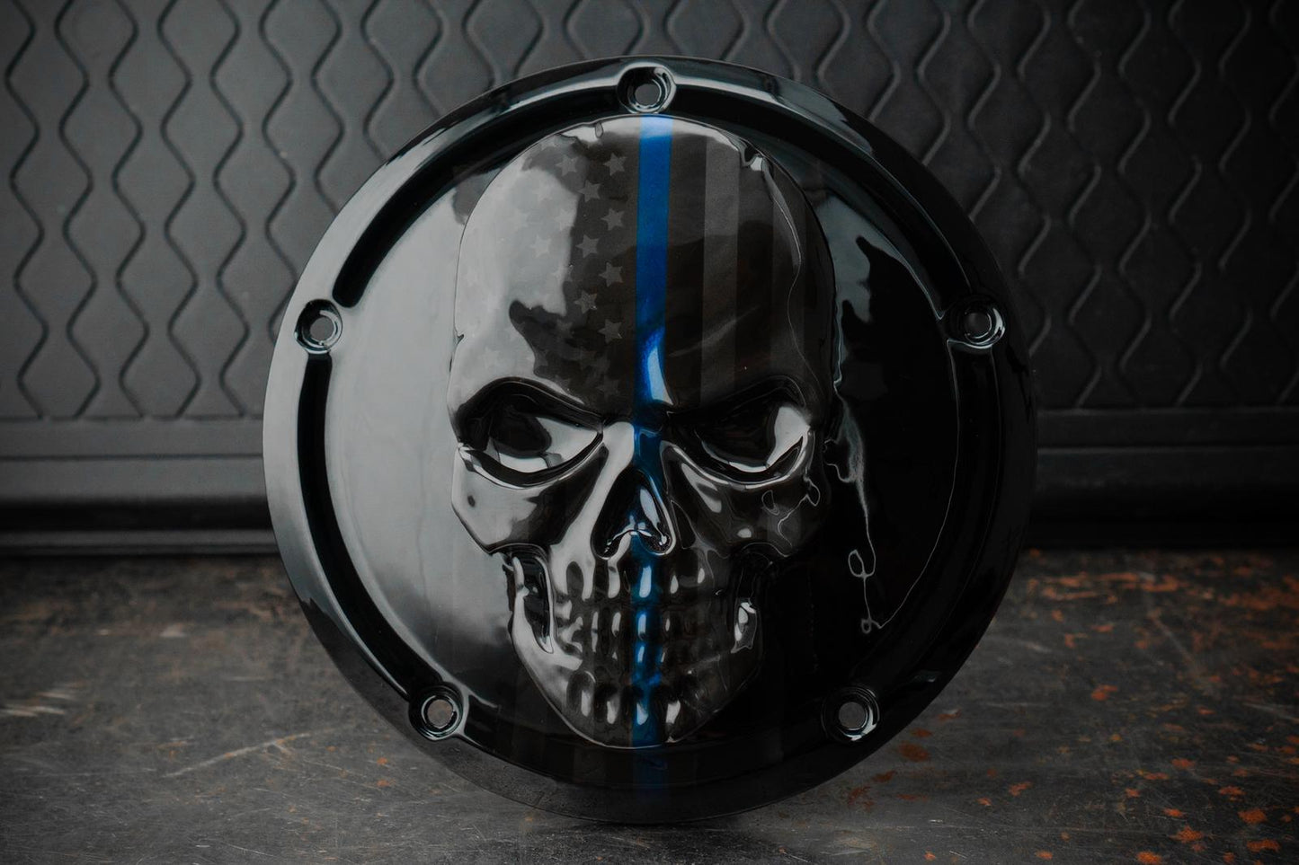 Points and Derby cover with Thin blue line ghosted American flag gloss black background