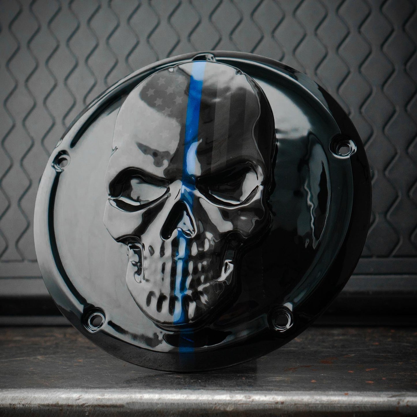 Points and Derby cover with Thin blue line ghosted American flag gloss black background