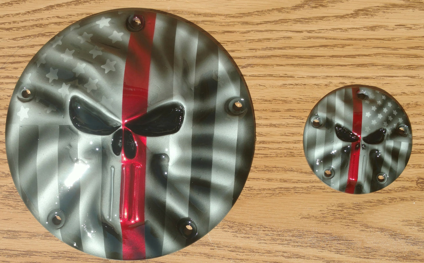 Punisher skull and firefighter themed derby and points covers