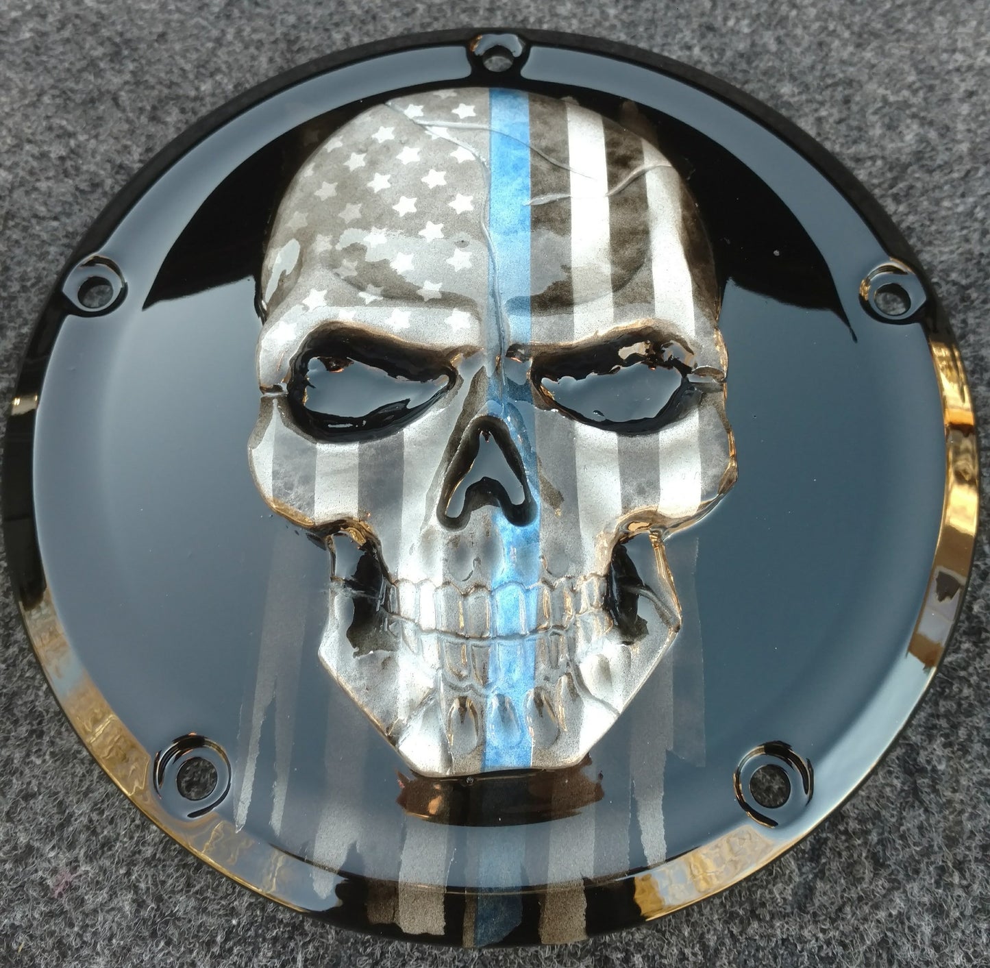 Thin Blue Line themed harley derby cover