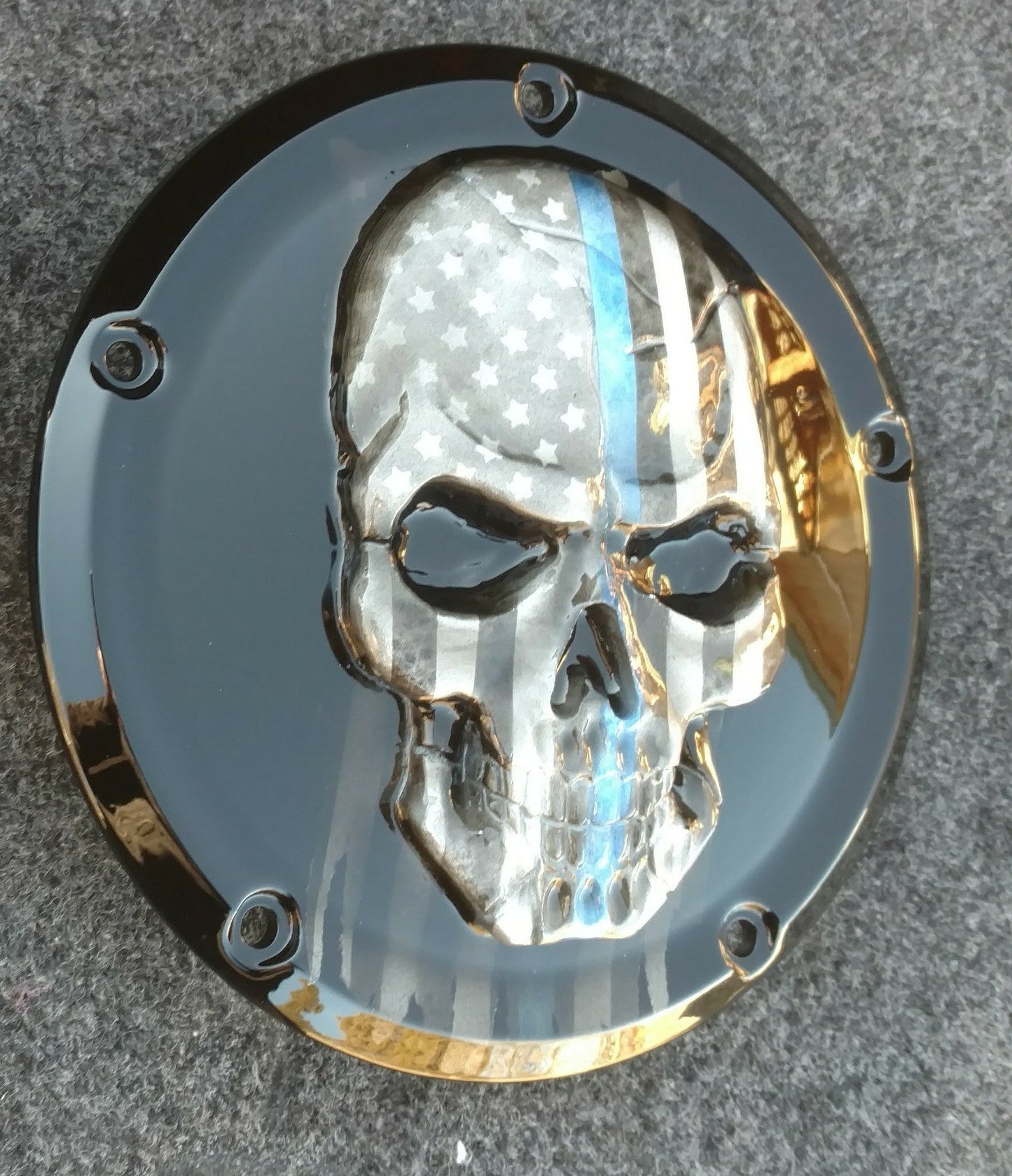 Thin Blue Line themed harley derby cover