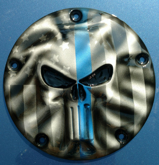 Punisher stretching through Thin Blue Line Flag Harley derby cover