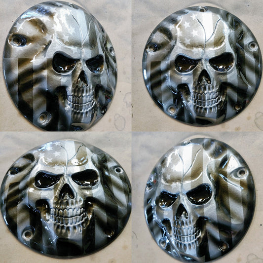 Stretching Skull with American flag Harley derby cover