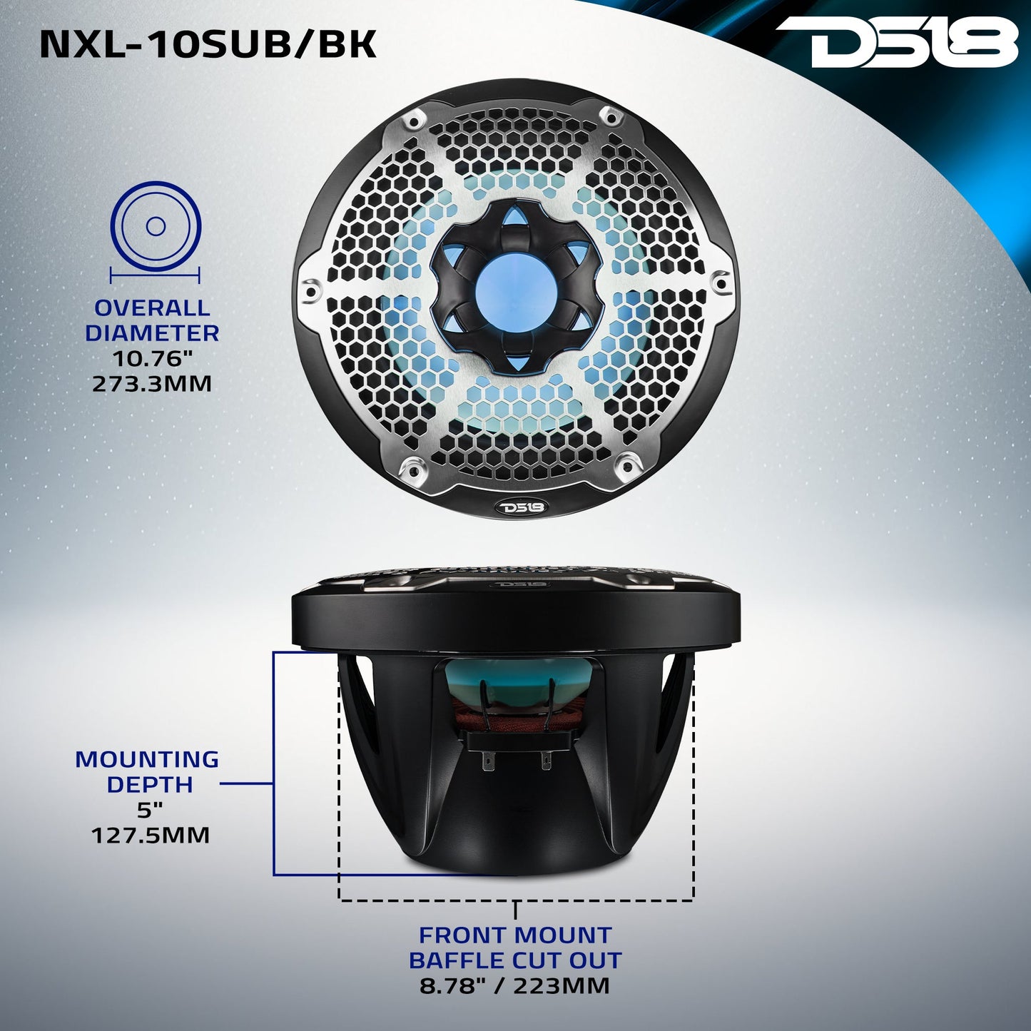NXL 10" Marine Subwoofer with LED RGB Lights 300 Watts Rms SVC 4-Ohm