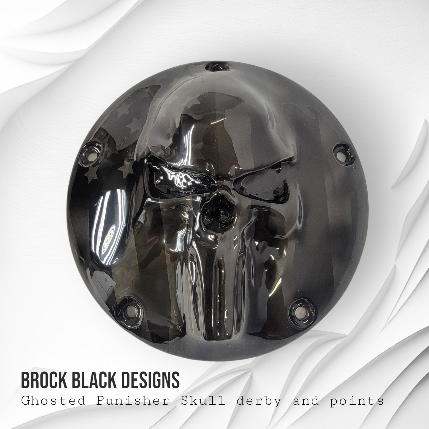 Punisher skull stretching through flag Harley derby and points cover