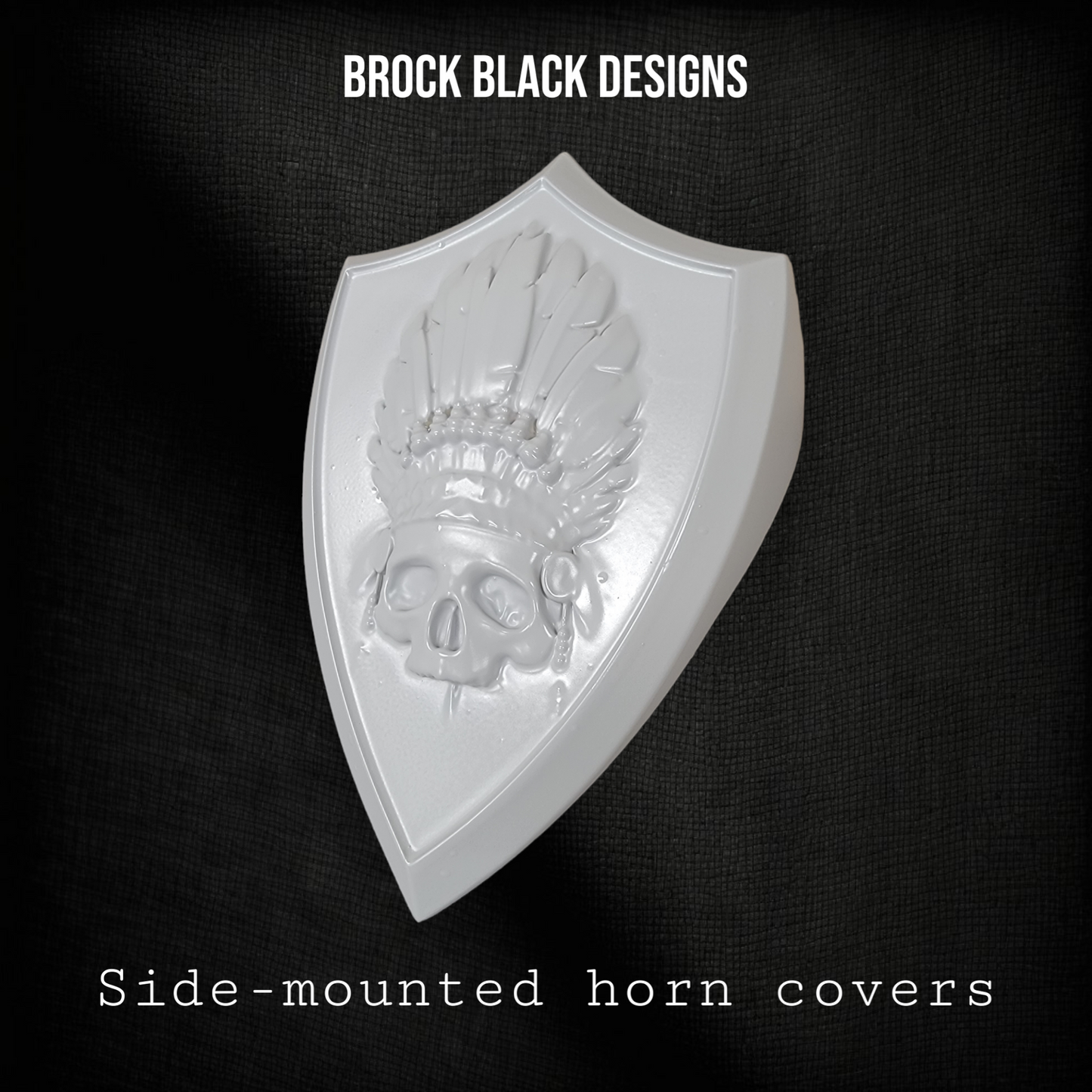 Side-mounted horn covers with skull warbonnet theme