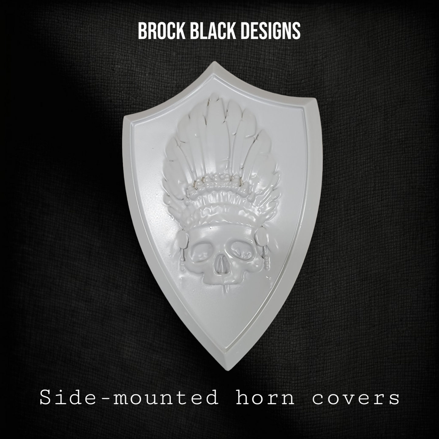 Side-mounted horn covers with skull warbonnet theme