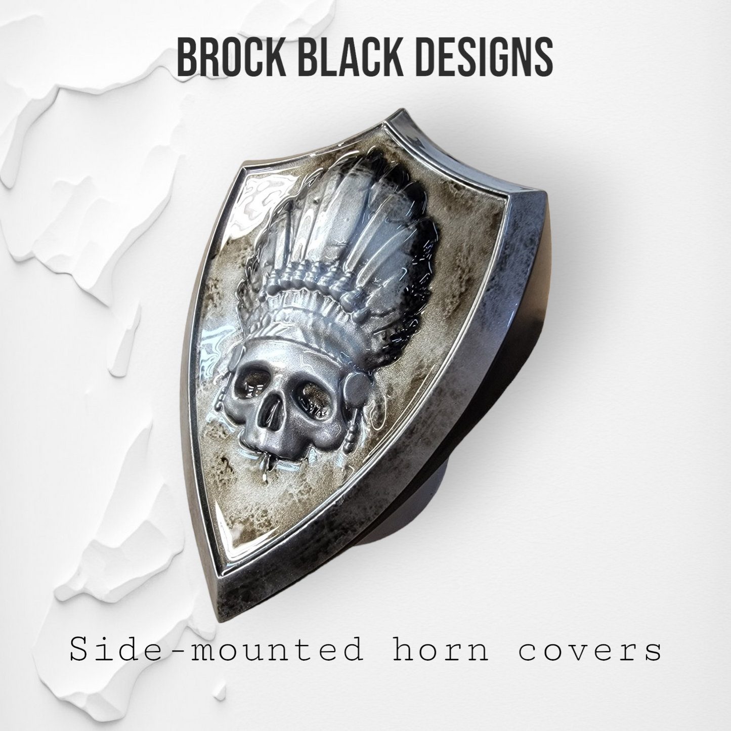 Side-mounted horn covers with skull warbonnet theme