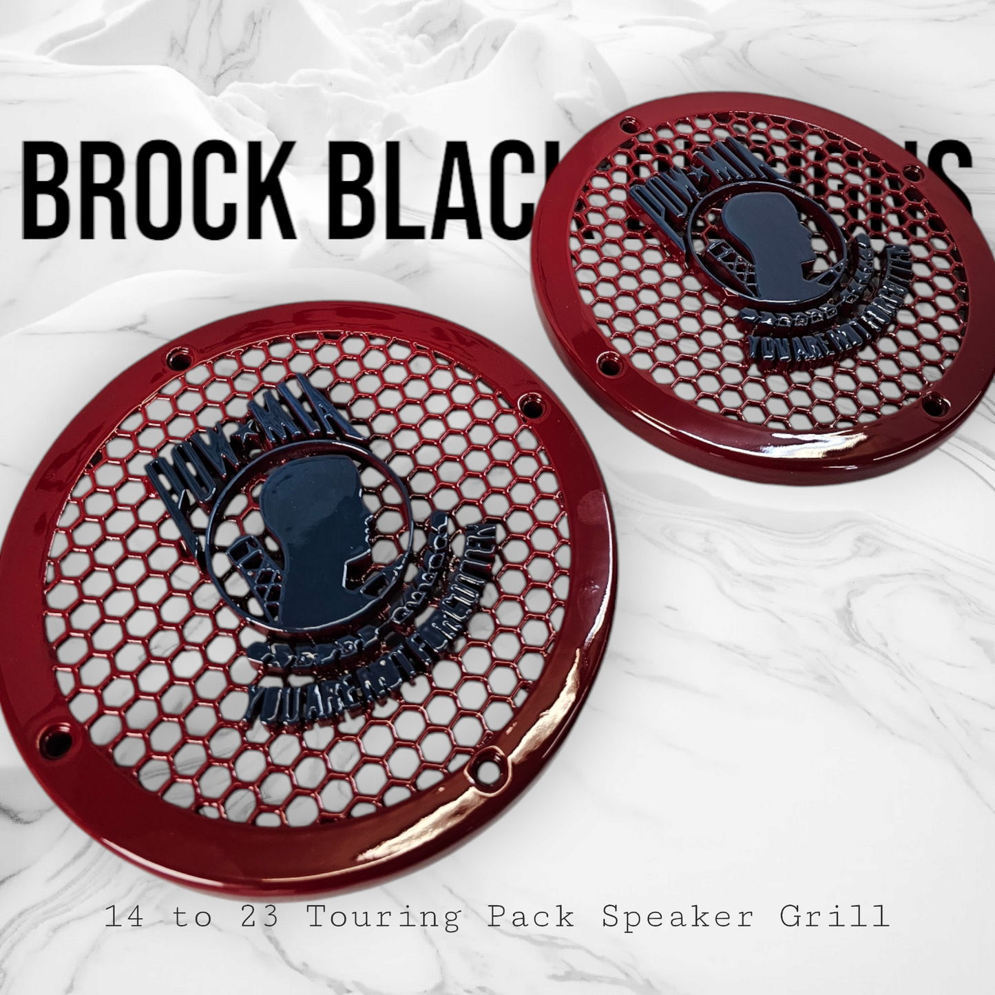 A set of POW MIA 14-23 Harley Davidson Touring Pack Speaker Grill Cover Guard