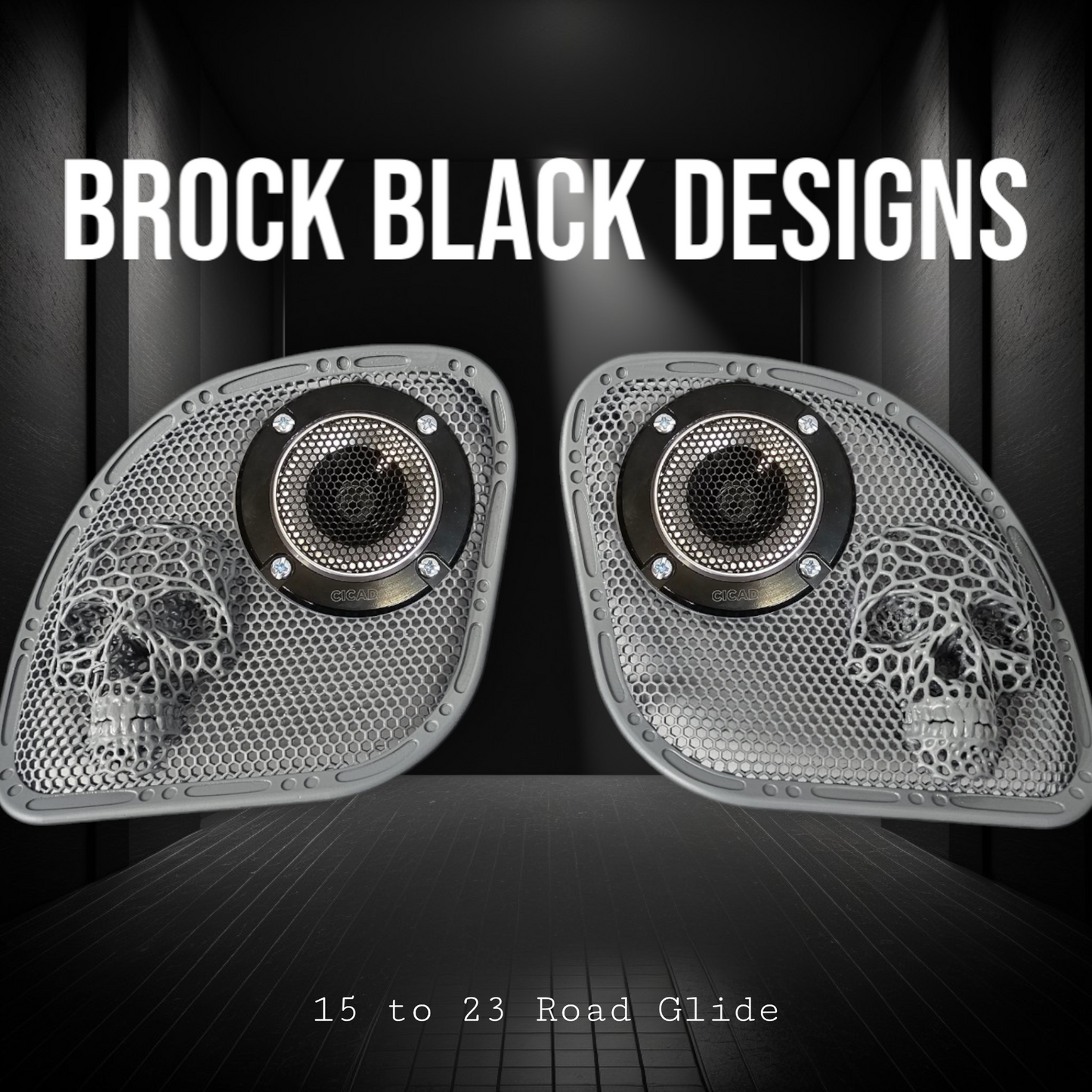 98 to 23 Road Glide webbed skull with Diamond horn speakers grill covers set