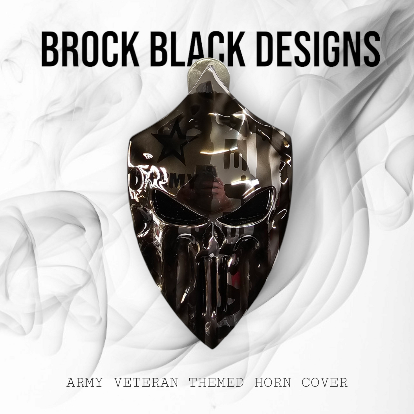 Chrome Harley horn cover with Army Veteran punisher stretching through