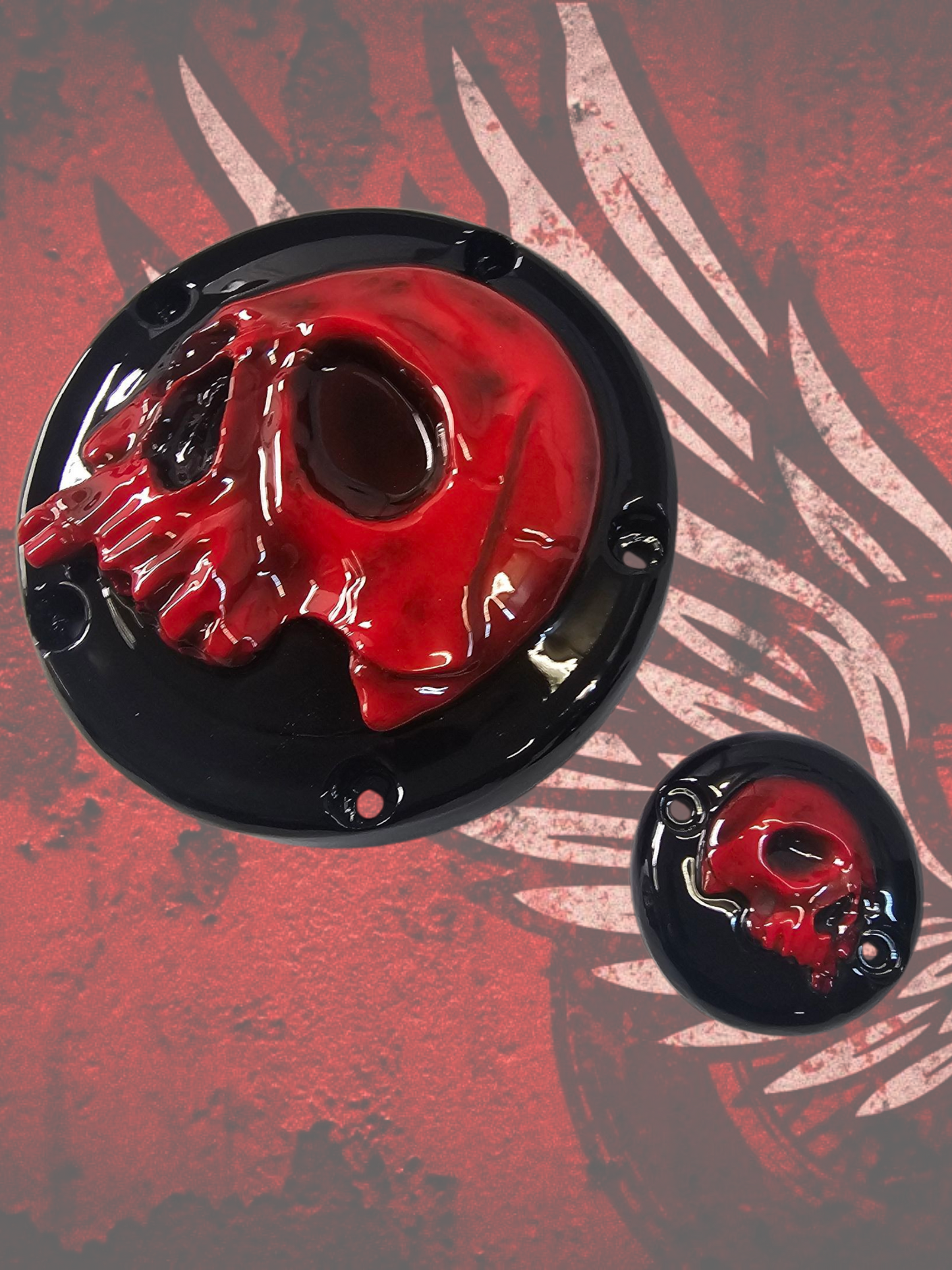 Harley Davidson derby cover and point covers of twisted red skull