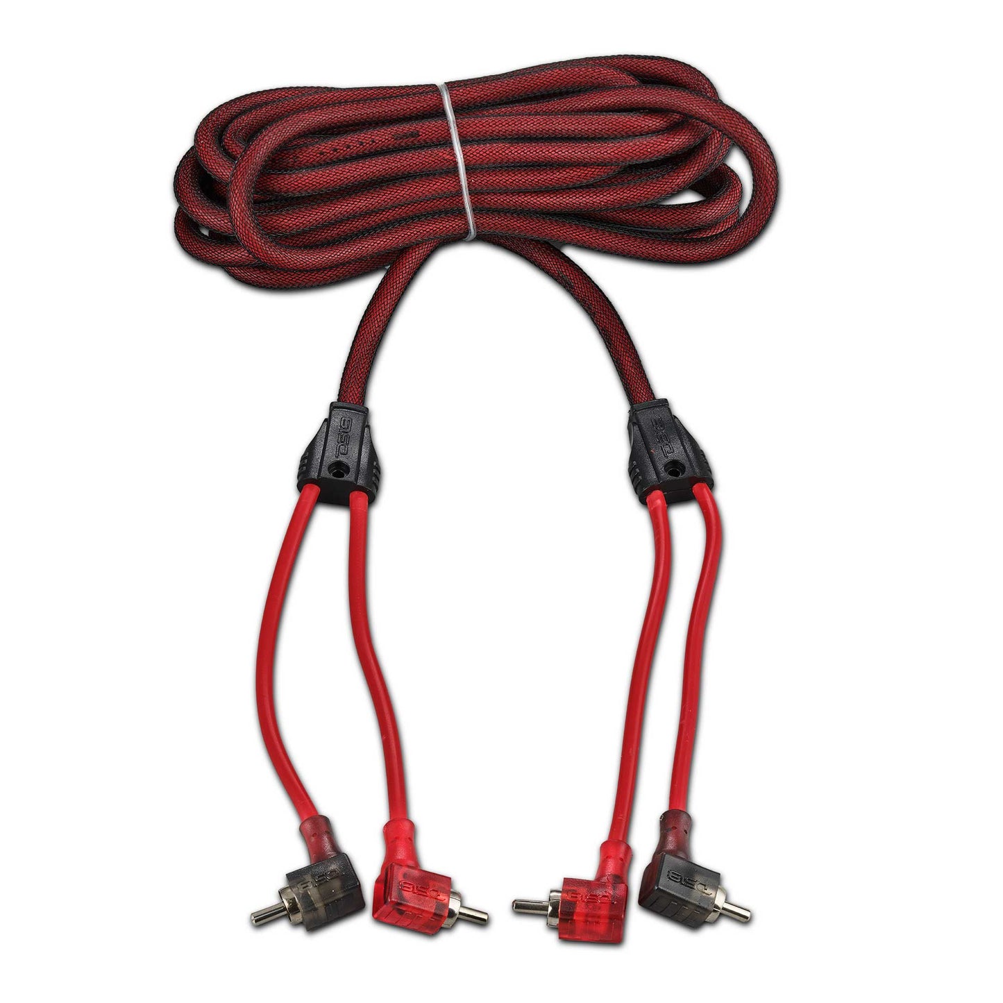 100% OFC Ultra Flex 2-Channel RCA with 90 Degree Ends, Dual Twist Wire, Red Braided Jacket - 16 ft
