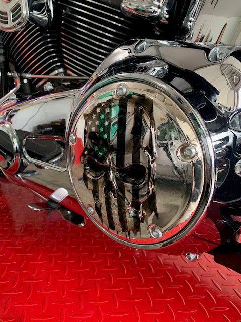 3D skull with tattered American flag Chrome Harley Derby Cover