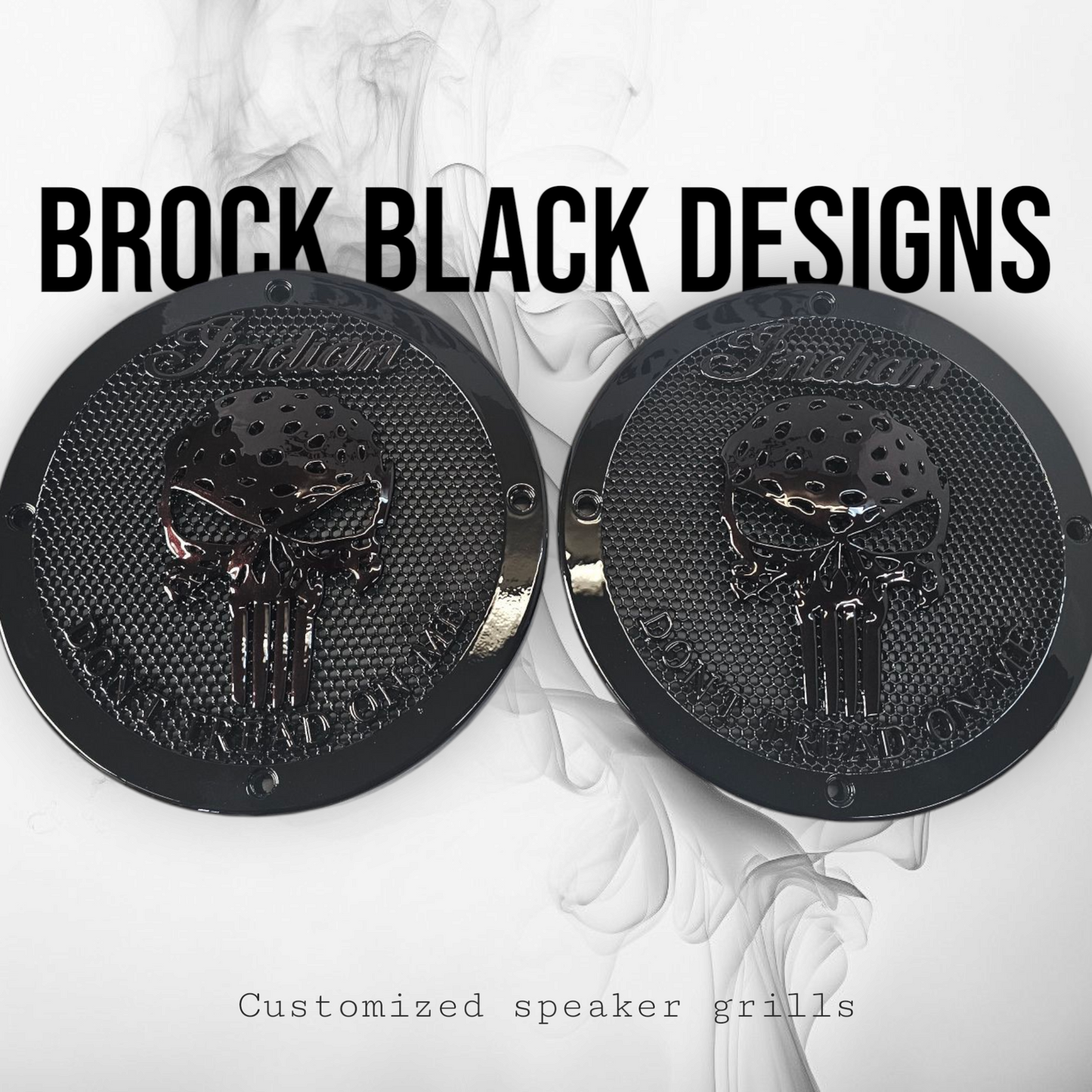 A set of Indian Punisher Dont Tread on me theme speakers grill covers