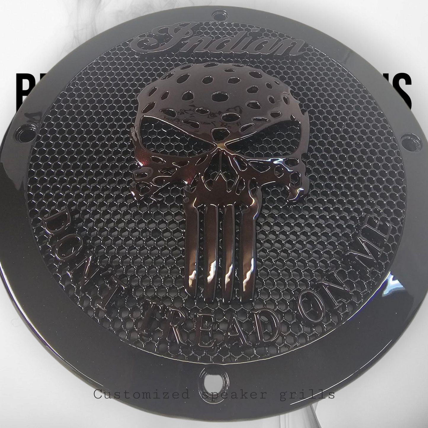 A set of Indian Punisher Dont Tread on me theme speakers grill covers